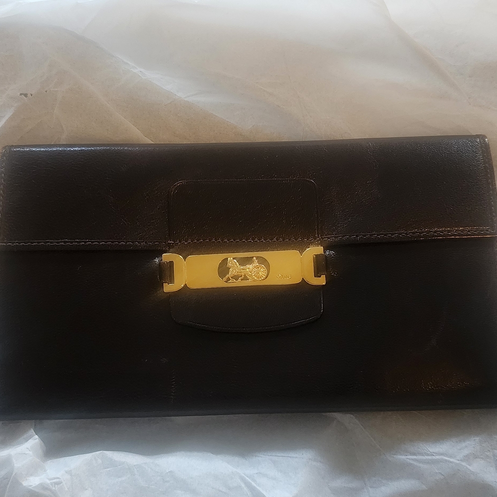 Celine Vintage Calfskin Leather Brown and Gold Wallet with Sleek Design